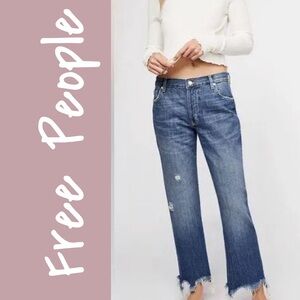 NWT Free People Maggie Straight Jeans 24 Sequoia Blue Raw Hem Mid Rise Buttonfly